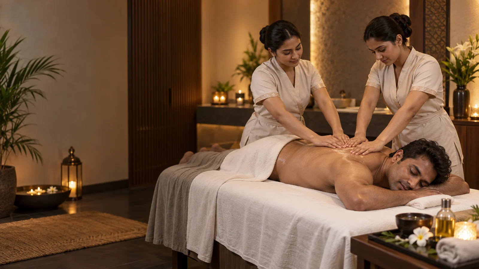 An adult male client receiving a professional four-hand massage from two female therapists
